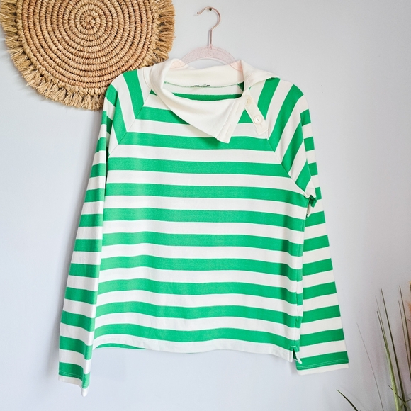 J. Crew Kelly Green Striped Wide Button Collar Rugby Sweatshirt SZ Medium Preppy - Picture 13 of 13
